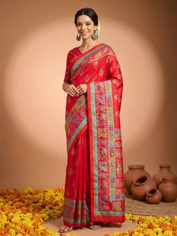 Akhilam - Red Silk Blend Printed Saree