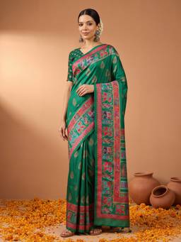 Akhilam - Green Silk Blend Printed Saree