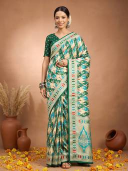 Akhilam - Green Silk Blend Printed Saree