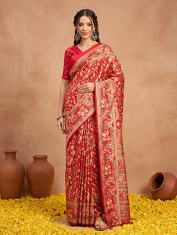 Akhilam - Red Silk Blend Printed Saree