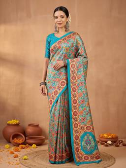 Akhilam - Blue Silk Blend Printed Saree