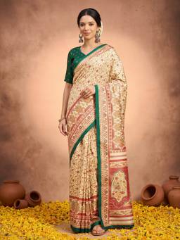 Akhilam - Cream Silk Blend Printed Saree