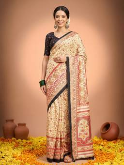 Akhilam - Cream Silk Blend Printed Saree