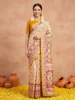 Akhilam - Cream Silk Blend Printed Saree
