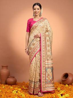 Akhilam - Cream Silk Blend Printed Saree