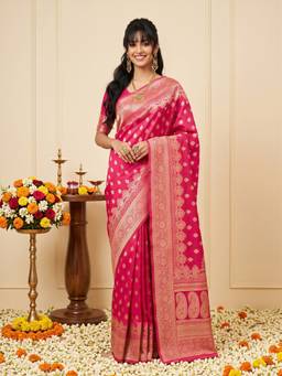 Akhilam - Women'S Litchi Silk Pink Woven Design Saree
