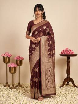 Akhilam - Women'S Litchi Silk Maroon Woven Design Saree
