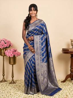 Akhilam - Women'S Litchi Silk Navy Blue Woven Design Saree