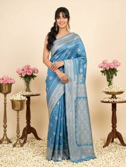 Akhilam - Women'S Litchi Silk Light Blue Woven Design Saree