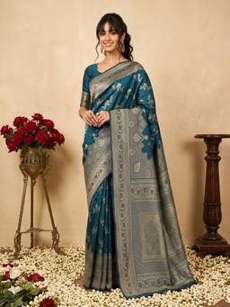 Akhilam - Women'S Litchi Silk Teal Blue Woven Design Saree
