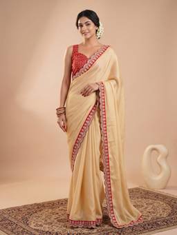 Akhilam - Women'S Satin Cream Embellished Saree