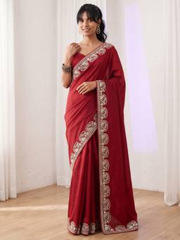 Akhilam - Maroon Silk Embellished Saree