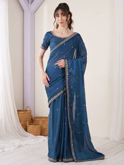 Akhilam - Women'S Pure Georgette Teal Embellished Saree
