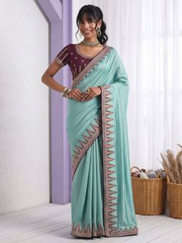 Akhilam - Light Blue Silk Embellished Saree