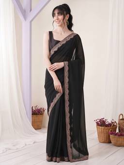 Akhilam - Women'S Vichitra Silk Black Zari Embroidered Saree