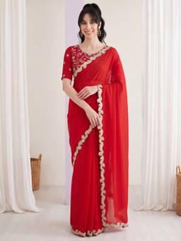 Akhilam - Women'S Vichitra Silk Red Embellished Saree