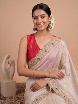 Akhilam - Women'S Satin Off White Embellished Saree