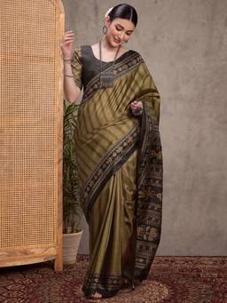 Sareemall - Women's Silk Blend Olive Digital Print Saree