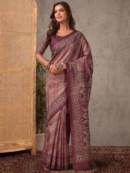 Akhilam - Women'S Silk Blend Mauve Digital Print Saree
