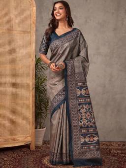 Akhilam - Women'S Silk Blend Grey Digital Print Saree