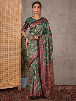 Sareemall - Women's Silk Blend Teal green Printed Saree