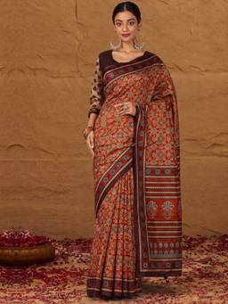 Sareemall - Women's Silk Blend Rust Printed Saree