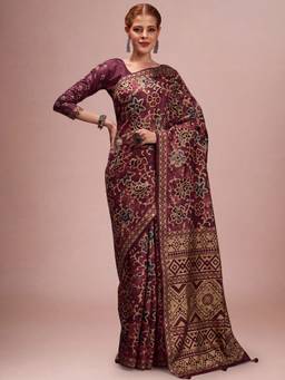 Akhilam - Wine Silk Blend Printed Saree