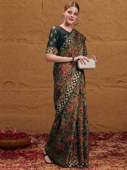 Sareemall - Women's Silk Blend Dark Green Printed Saree