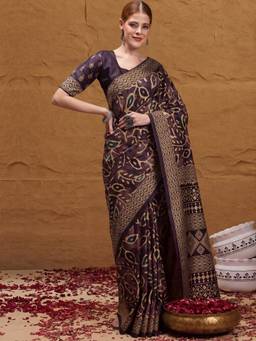 Akhilam - Women'S Silk Blend Purple Printed Festive Saree