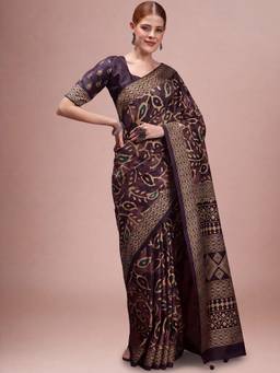 Akhilam - Dark Brown Silk Blend Printed Saree