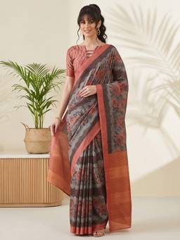Akhilam - Grey Cotton Blend Printed Saree