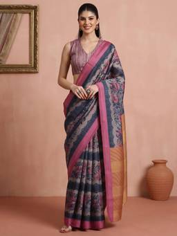Akhilam - Grey Cotton Blend Printed Saree
