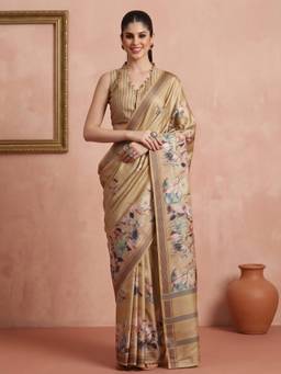 Akhilam - Cream Cotton Blend Printed Saree