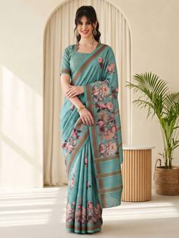 Akhilam - Turquoise Cotton Blend Printed Saree