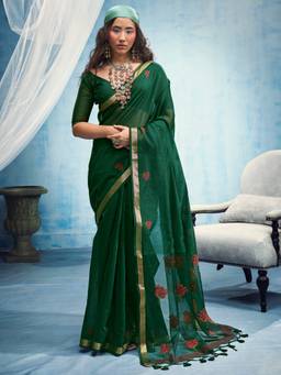 Sareemall - Women's Muga Cotton Green Woven Design Saree