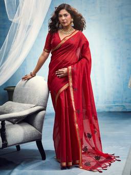 Sareemall - Women's Muga Cotton Red Woven Design Saree