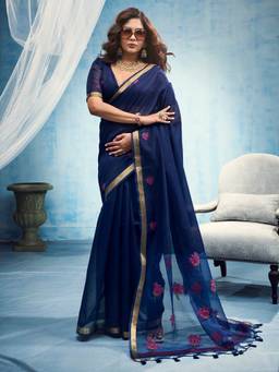 Sareemall - Women's Muga Cotton Blue Woven Design Saree
