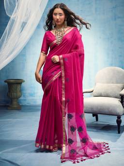 Sareemall - Women's Muga Cotton Pink Woven Design Saree