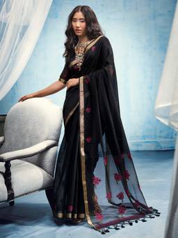 Sareemall - Women's Muga Cotton Black Woven Design Saree