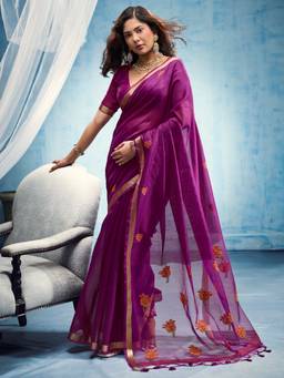Sareemall - Women's Muga Cotton Magenta Woven Design Saree
