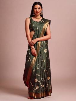 Akhilam - Dark Green Silk Blend Woven Saree