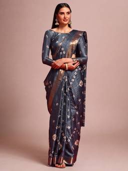 Akhilam - Grey Silk Blend Woven Saree