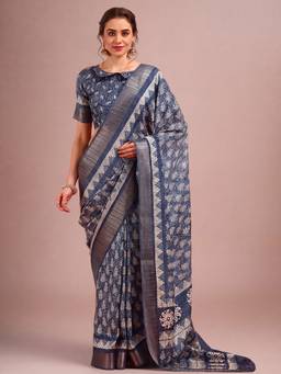Akhilam - Navy Blue Cotton Silk Woven Saree