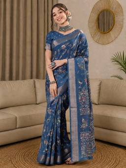 Akhilam - Blue Silk Blend Woven Saree