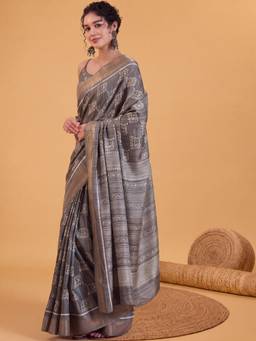 Akhilam - Taupe Silk Blend Woven Saree