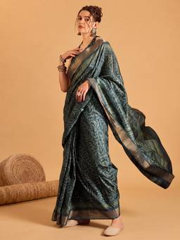 Akhilam - Women'S Silk Blend Teal Green Printed Saree