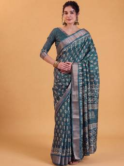 Akhilam - Teal Silk Blend Woven Saree