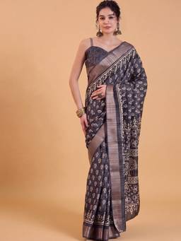 Akhilam - Women'S Silk Blend Charcoal Grey Printed Saree