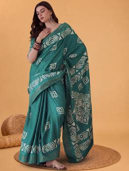 Akhilam - Women'S Silk Blend Teal Green Printed Saree