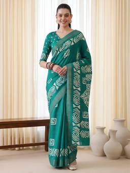 Sareemall - Women's Silk Blend Teal green Printed Saree